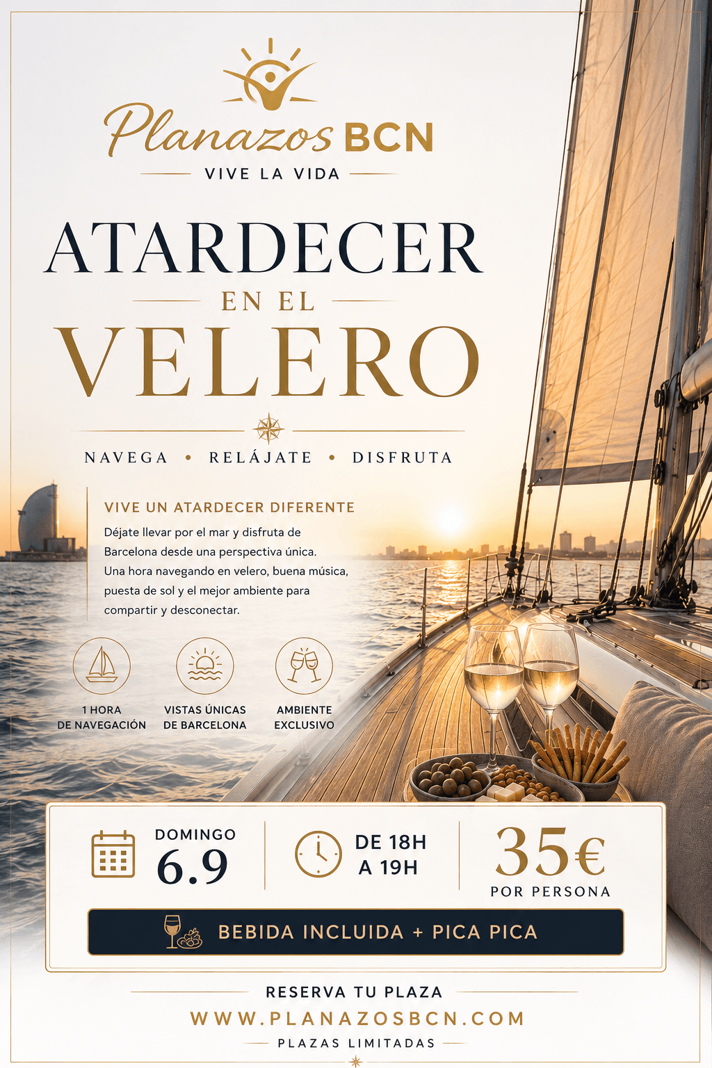Salida velero bebida sin límite+ pica-pica+ bañito